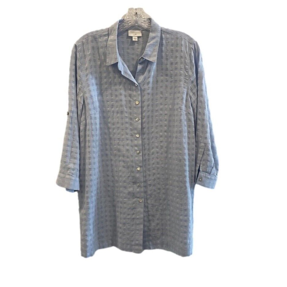 J Jill Shirt Womens Medium Cotton Button Down Roll Tab Sleeve Semi Sheer Blue
